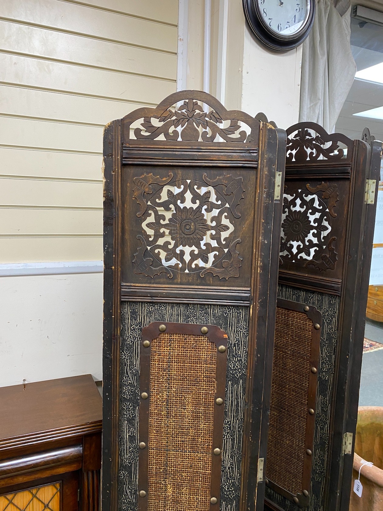 A Chinoiserie stained beech four fold screen, height 180cm, width 160cm